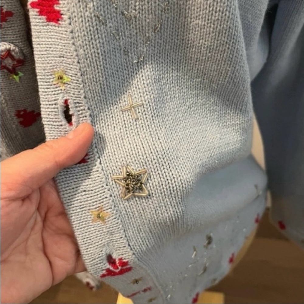 Storybook Knits Light blue Cardigan with Red and Gold Accents - Picture 5 of 9